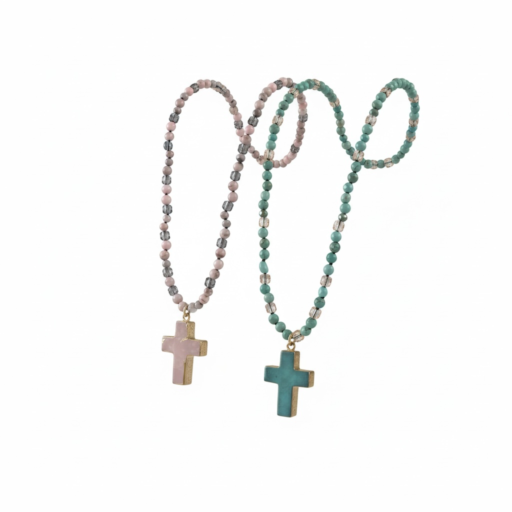 Boho Cross Beaded Necklace – Natural Stone Faith Pendant