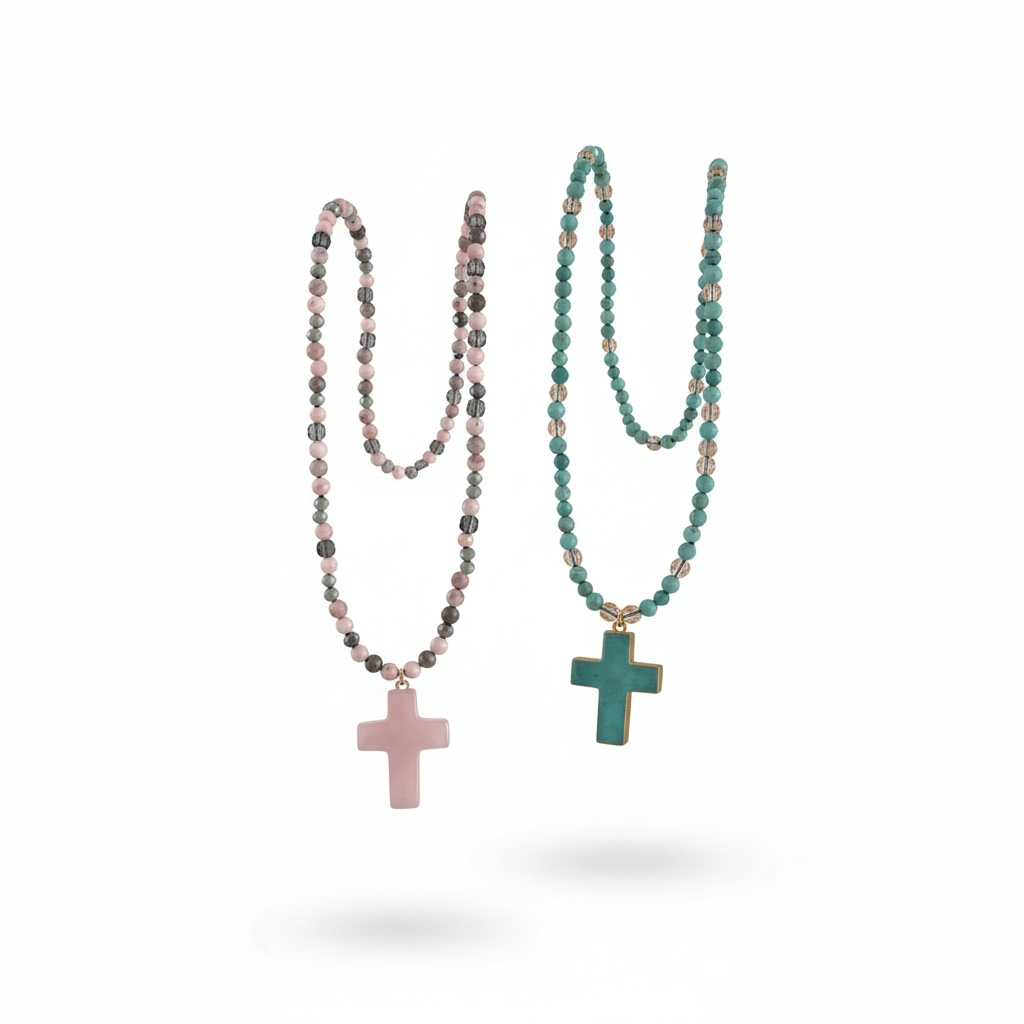 Boho Cross Beaded Necklace – Natural Stone Faith Pendant