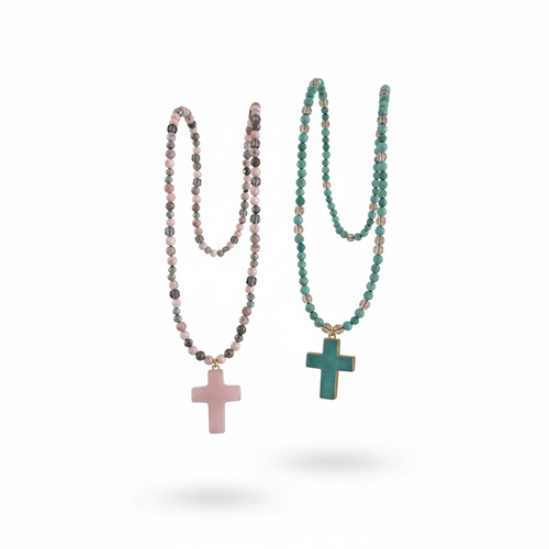 Boho Cross Beaded Necklace – Natural Stone Faith Pendant