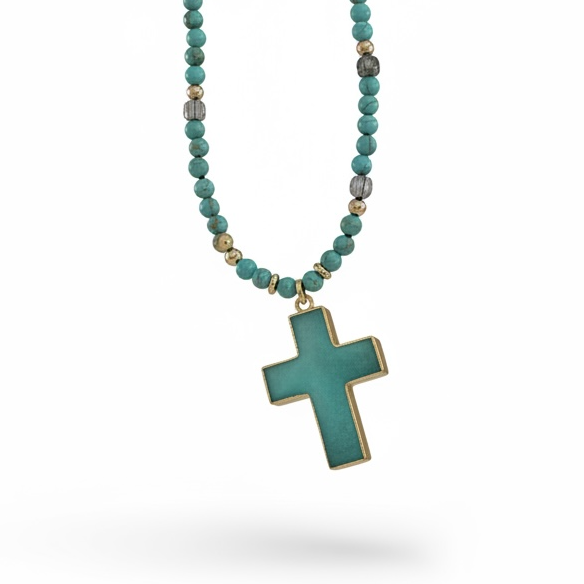 Boho Cross Beaded Necklace – Natural Stone Faith Pendant