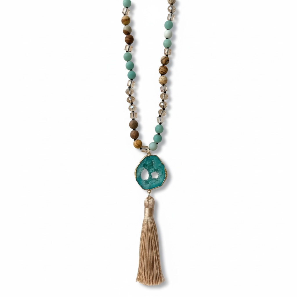 Boho Tassel Pendant Necklace – Natural Stone Beaded Long Necklace