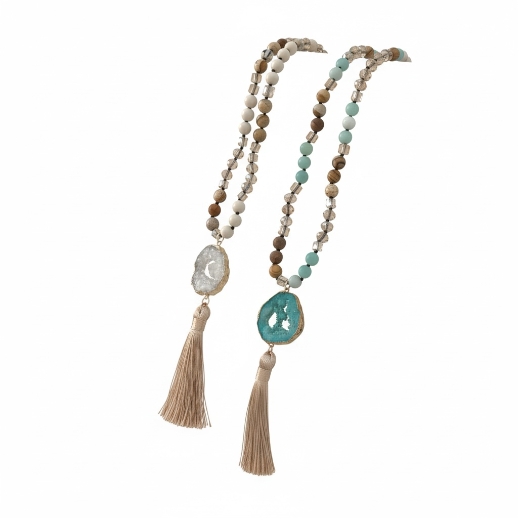 Boho Tassel Pendant Necklace – Natural Stone Beaded Long Necklace