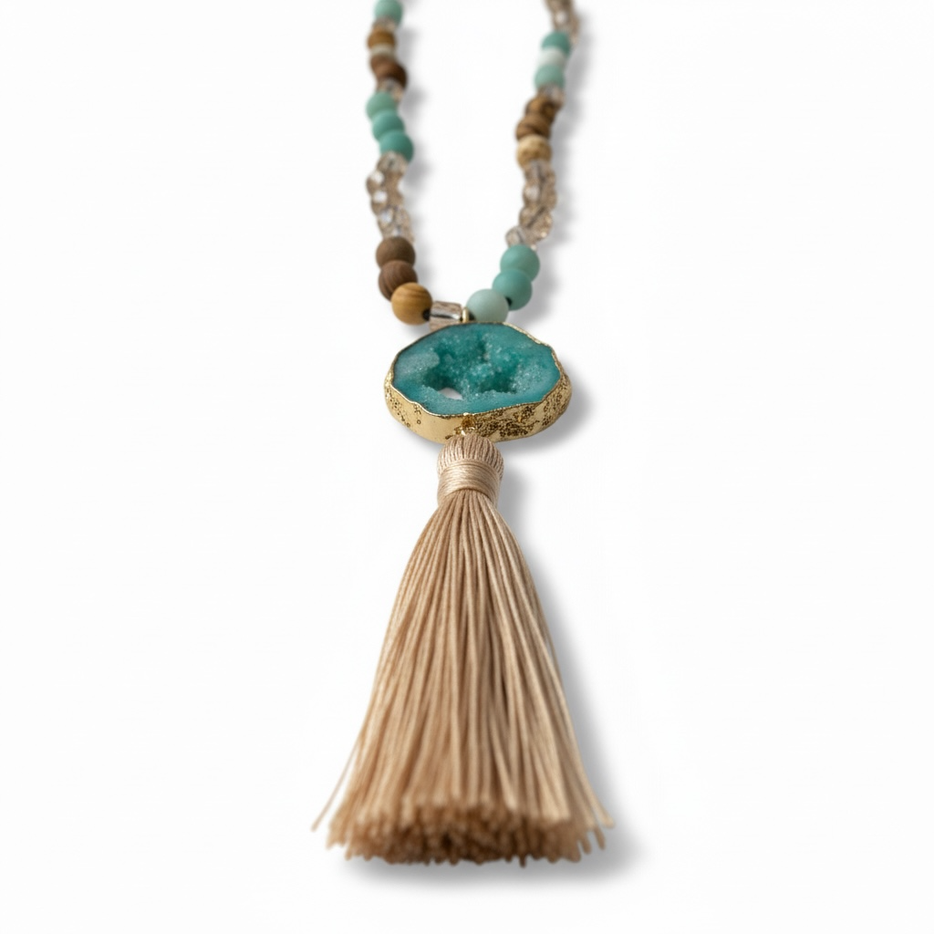 Boho Tassel Pendant Necklace – Natural Stone Beaded Long Necklace