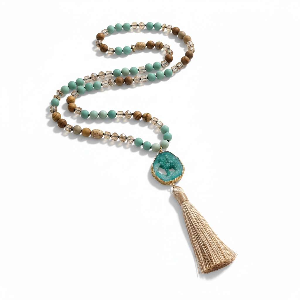 Boho Tassel Pendant Necklace – Natural Stone Beaded Long Necklace