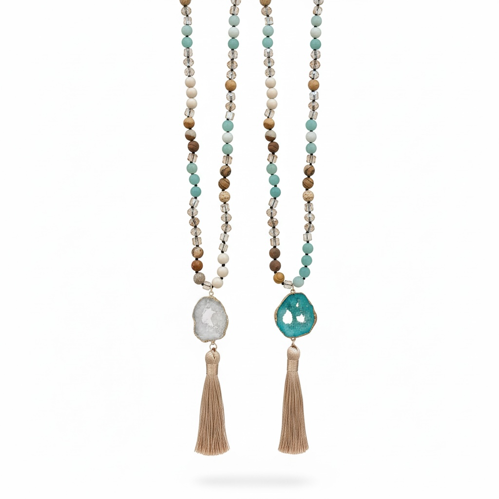 Boho Tassel Pendant Necklace – Natural Stone Beaded Long Necklace