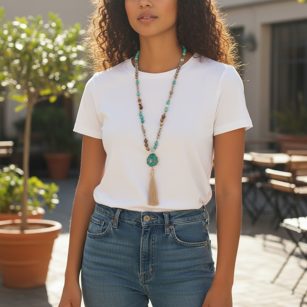Boho Tassel Pendant Necklace – Natural Stone Beaded Long Necklace