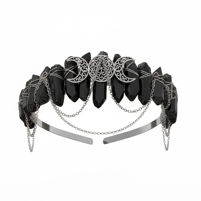 Black and silver headband with decorative elements on a white background