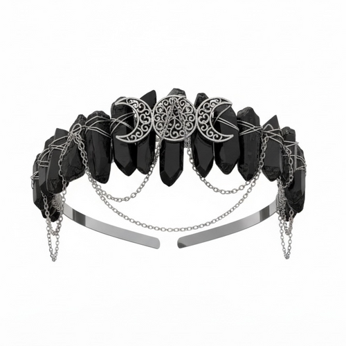 Black and silver headband with decorative elements on a white background