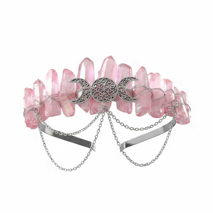 Pink quartz crown with silver chain head piece
