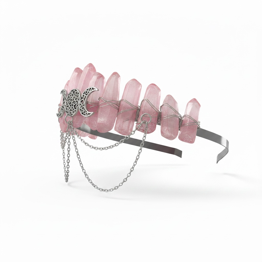 Pink Quartz Crystal Crown – Triple Moon Tiara Headpiece