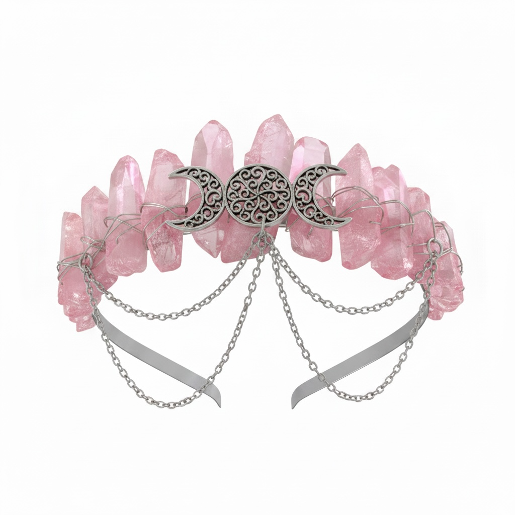 Pink Quartz Crystal Crown – Triple Moon Tiara Headpiece