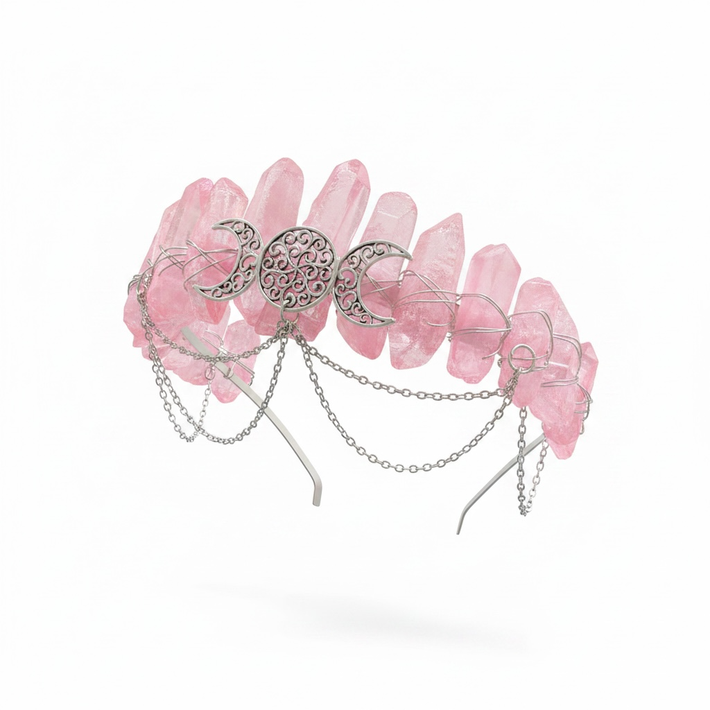 Pink Quartz Crystal Crown – Triple Moon Tiara Headpiece