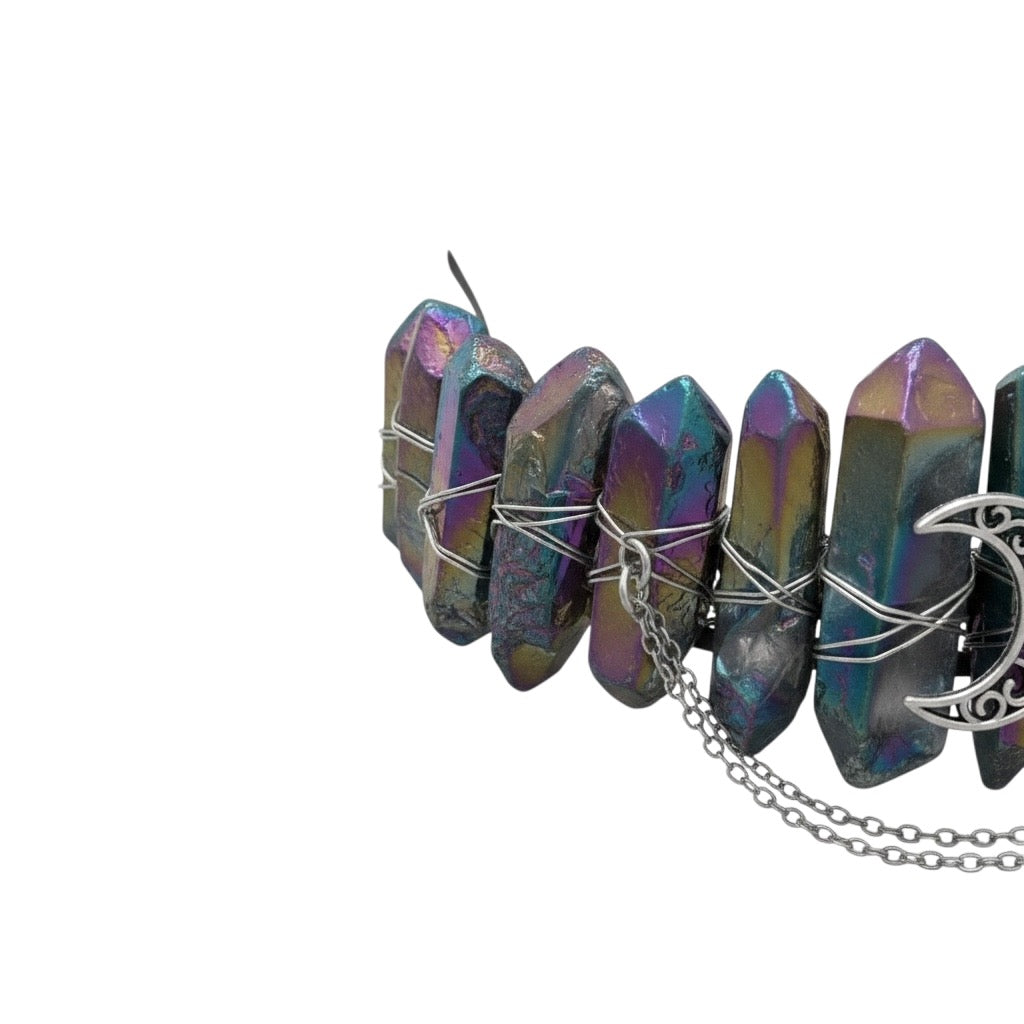 Rainbow Aura Quartz Crystal Crown – Triple Moon Tiara Headpiece
