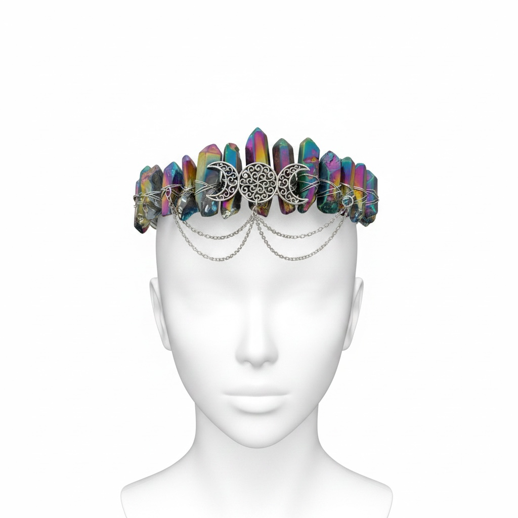Rainbow Aura Quartz Crystal Crown – Triple Moon Tiara Headpiece