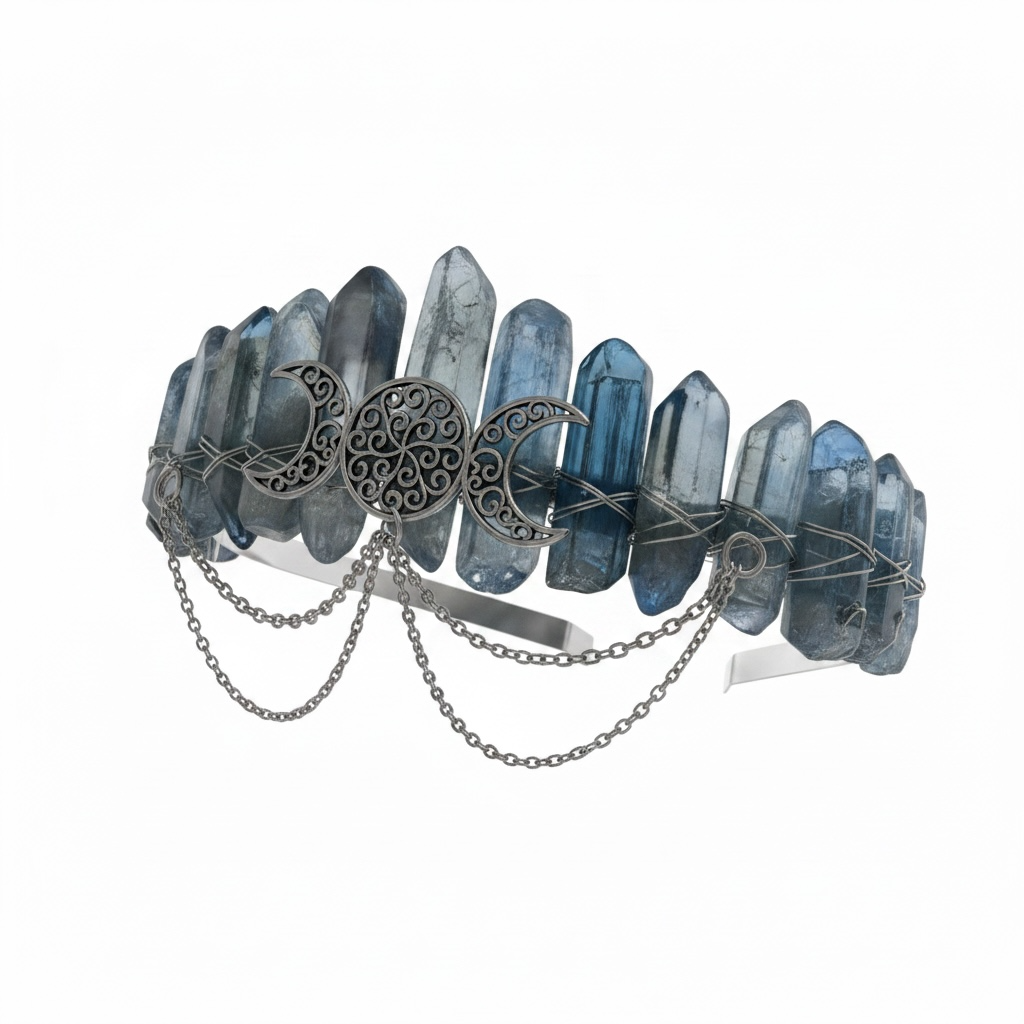 Ice Blue Quartz Crystal Crown – Triple Moon Tiara Headpiece