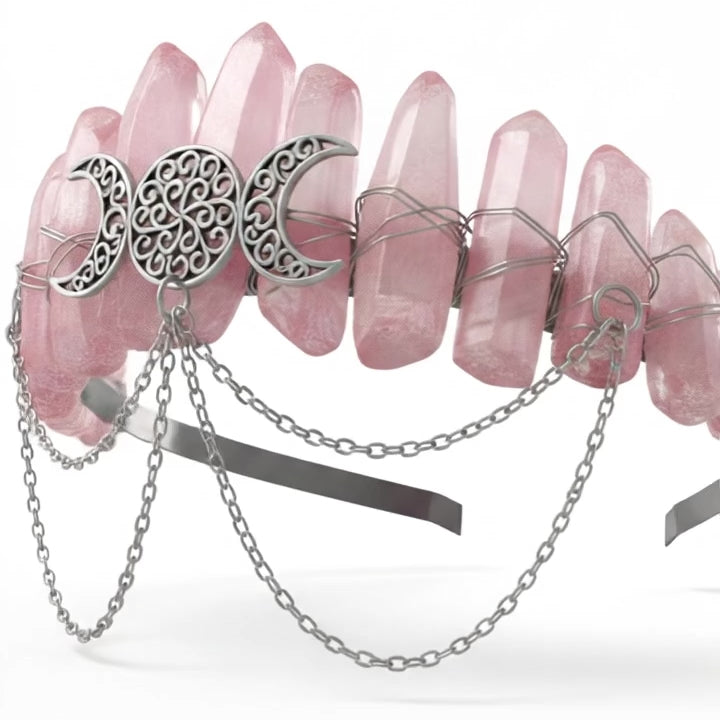 Pink Quartz Crystal Crown – Triple Moon Tiara Headpiece