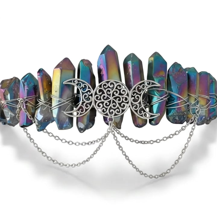 Rainbow Aura Quartz Crystal Crown – Triple Moon Tiara Headpiece
