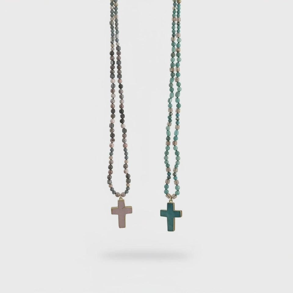 Boho Cross Beaded Necklace – Natural Stone Faith Pendant