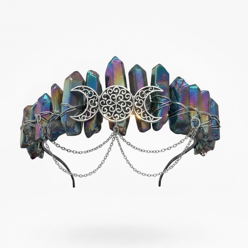 Multicolored crystal headband with silver chain and decorative elements on a white background